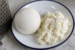 Aged hard Myzithra ball beside fresh soft mizithra crumbs - Mizithra cheese | KnowTheCheese