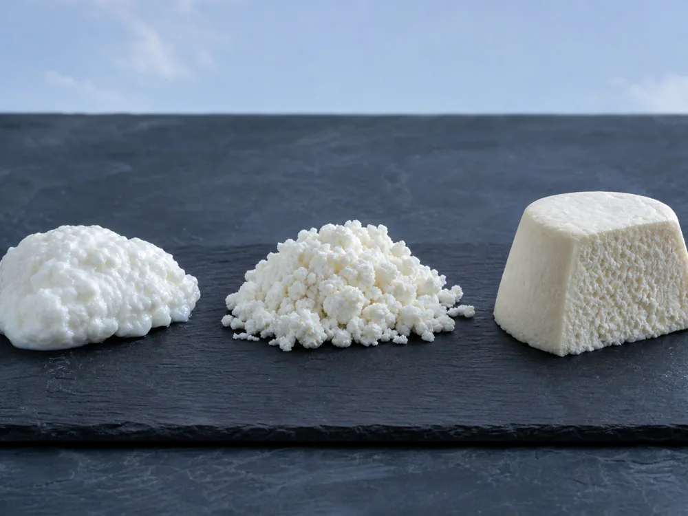 Fresh, sour, and dry Mizithra displayed in three distinct textures