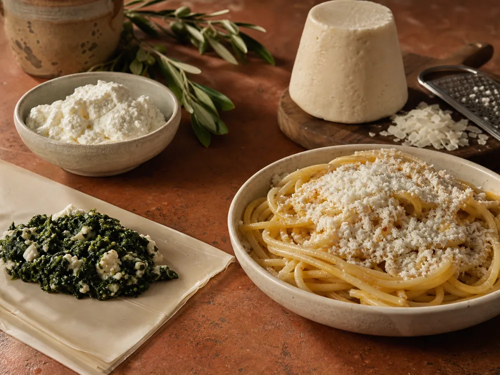 Fresh Mizithra beside pastry filling and dry Mizithra grated over pasta