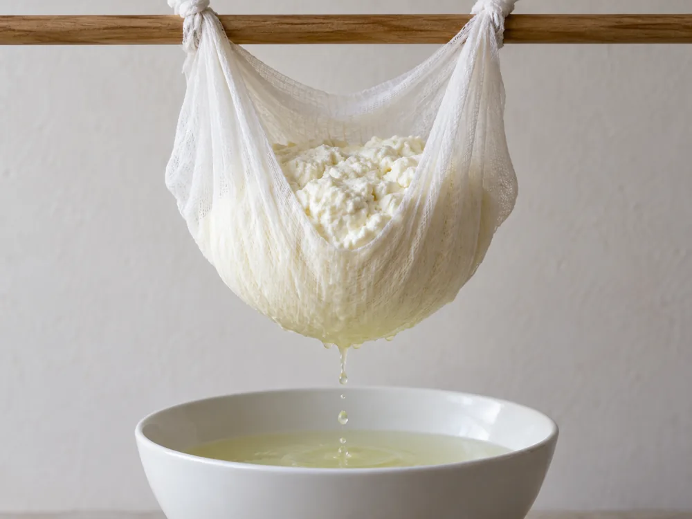 Soft white whey curd draining in a cheesecloth hung from a wooden rod over a bowl - Mizithra | KnowTheCheese