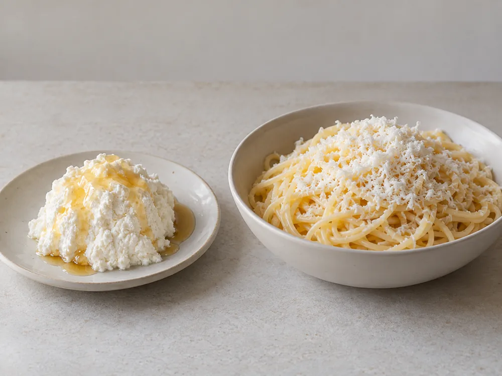 Fresh mizithra with a drizzle of honey beside spaghetti topped with grated dry mizithra - Mizithra | KnowTheCheese