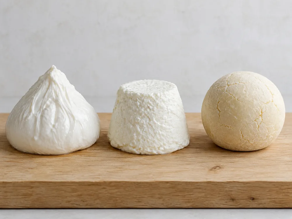 Three white whey cheeses side by side: a soft cone with a wrinkled top, a grainy truncated cone and a firm round ball - Mizithra | KnowTheCheese