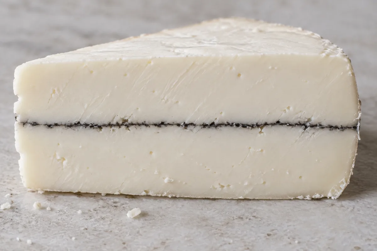 Cut face of a semi-soft bone-white cheese split by one thin dark ash line - Mobay | KnowTheCheese