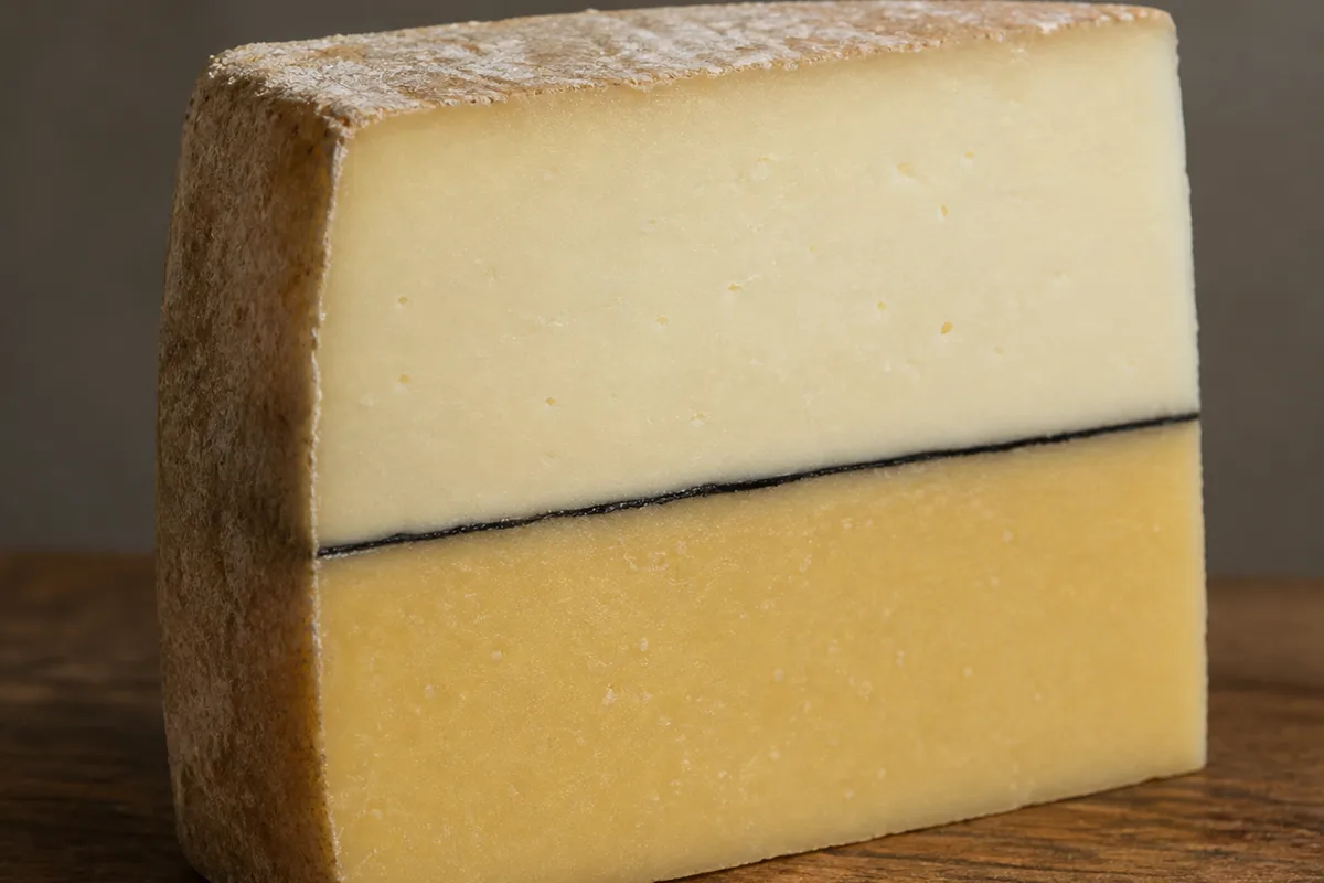 A cheese wedge with two coloured layers divided by a single thin line of ash - Mobay | KnowTheCheese