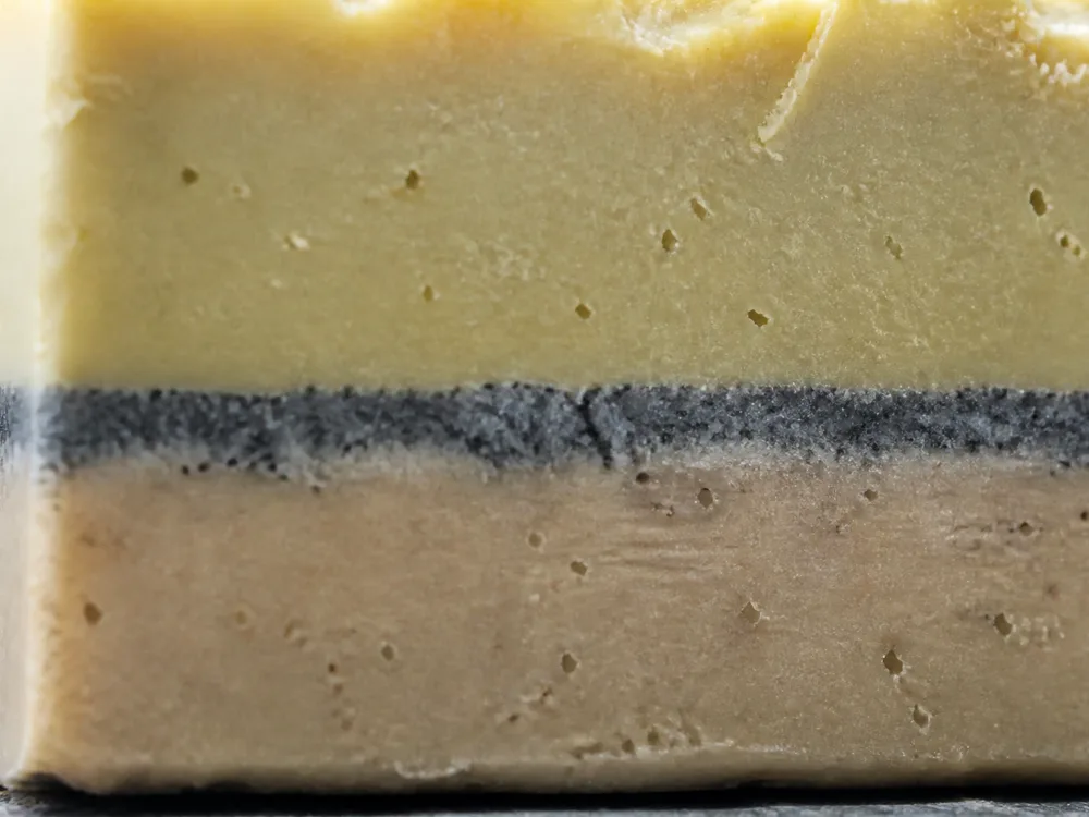Close cut face showing two cheese layers meeting at a clean line of ash - Mobay | KnowTheCheese