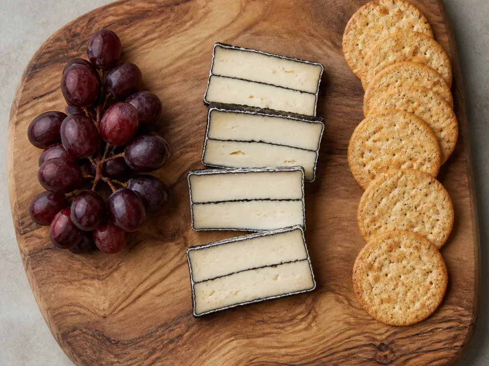 A serving board of layered cheese slices with plain crackers and grapes - Mobay | KnowTheCheese