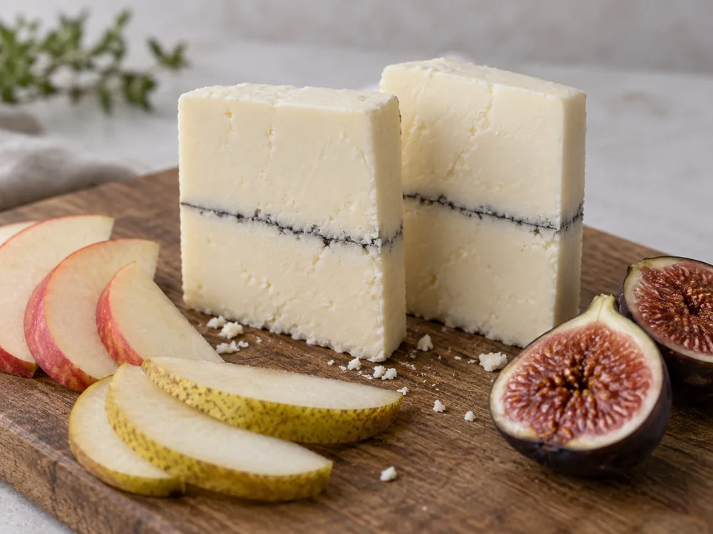 Illustration of two upright cheese slices each with one thin ash line beside apple slices, pear slices and halved figs - Mobay | KnowTheCheese