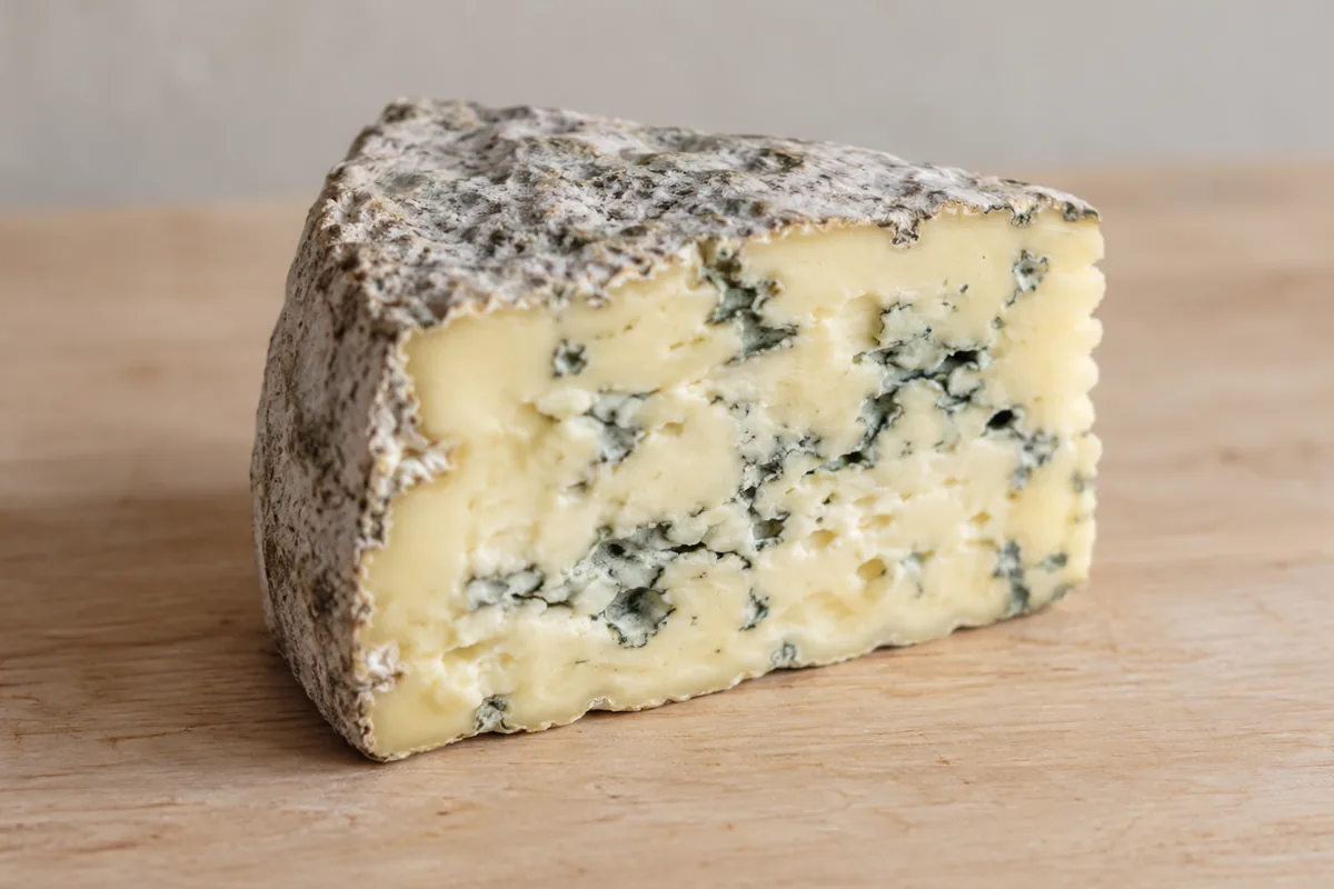 Cut wedge of soft blue-veined cheese with a grey natural rind on a wooden board - Montagnolo | KnowTheCheese