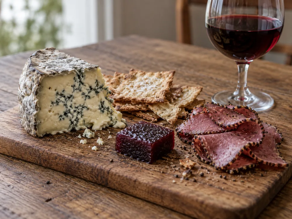 Illustration of a wedge of blue-veined cheese with thin salted crackers, damson fruit paste, sliced pastrami and a glass of red wine - Montagnolo | KnowTheCheese
