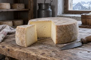 Cut wheel of pale straw cooked-curd cheese on a pine table in an alpine dairy - Montasio | KnowTheCheese