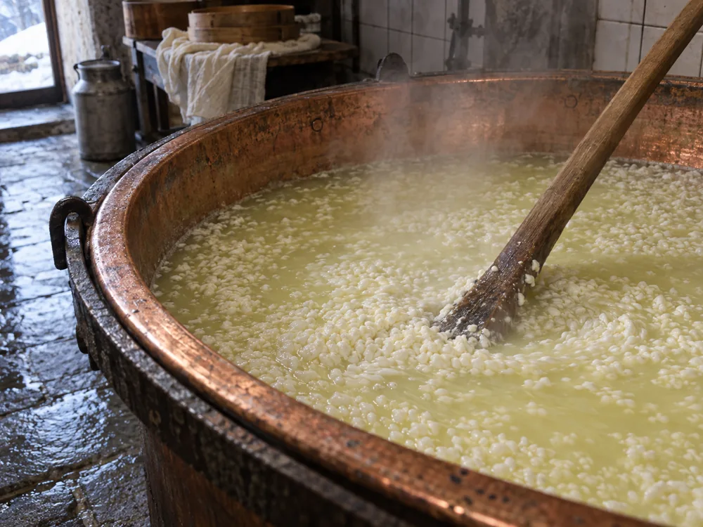 Freshly cut curd being stirred with a wooden paddle in a copper vat with whey pooling around the grains - Montasio | KnowTheCheese