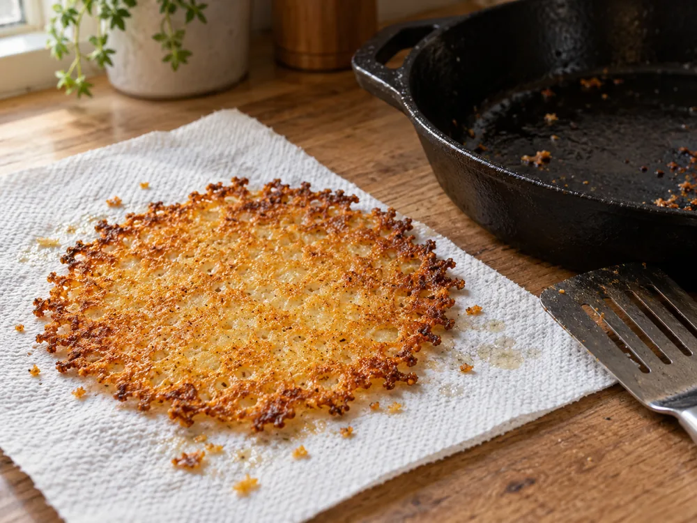 A thin golden disc of fried grated cheese on kitchen paper beside a cast iron pan - Montasio | KnowTheCheese