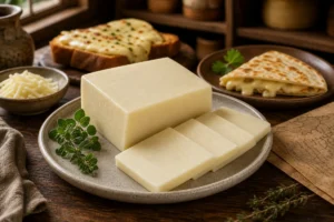 Monterey Jack block and slices with melted cheese on bread and quesadilla - Monterey Jack cheese | KnowTheCheese