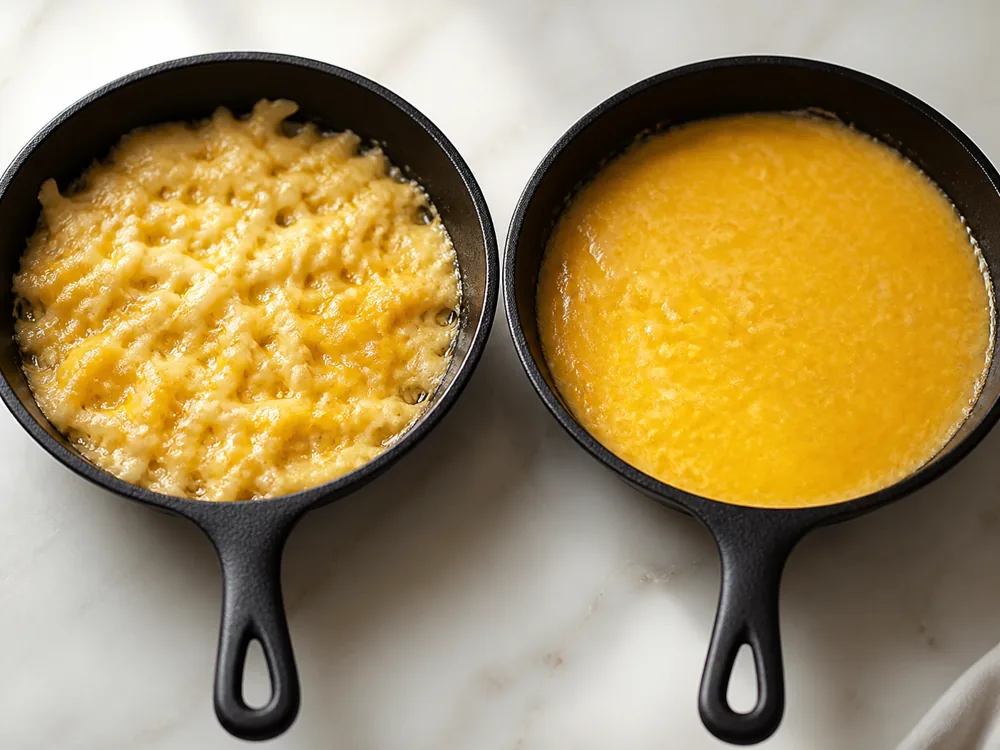 Pre-shredded cheese melted into clumps beside freshly grated cheese melted smooth - Monterey Jack | KnowTheCheese