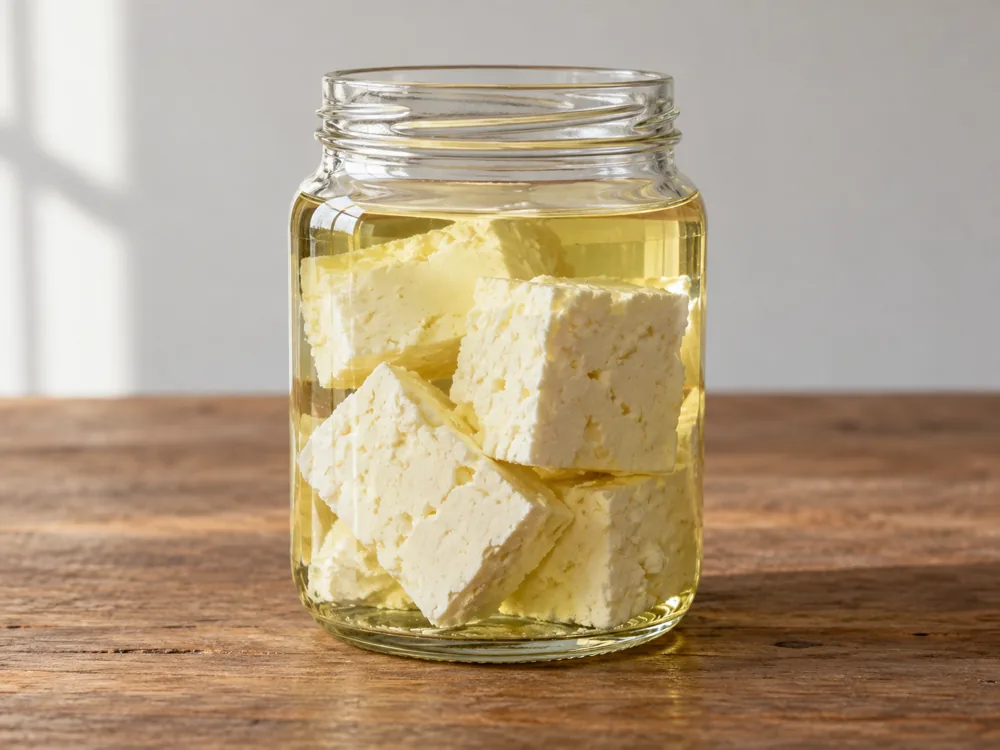 Pale feta-style cheese pieces submerged in clear oil in a glass jar - Moose cheese | KnowTheCheese