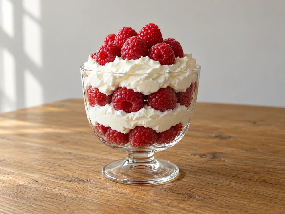 Glass dish of whipped cream layered with whole raspberries - Moose cheese | KnowTheCheese