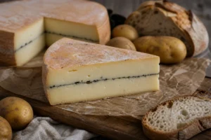 Morbier-style wedge with a thin ash line, bread, and potatoes - Morbier | KnowTheCheese