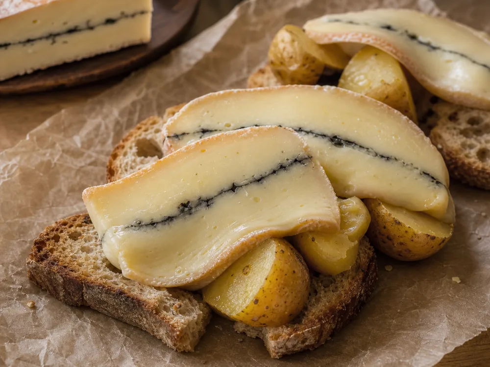 Morbier-style slices softening over potatoes and bread with the ash line visible - Morbier | KnowTheCheese