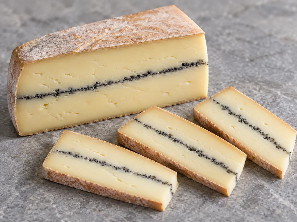 Morbier wedge with three slim portions showing the charcoal line through every piece