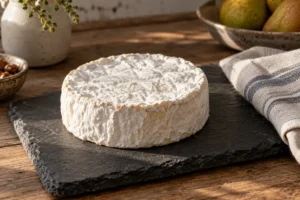 Whole round white bloomy-rind cheese on a slate board with a folded linen cloth, pears and a bowl of nuts nearby - Moses Sleeper | KnowTheCheese
