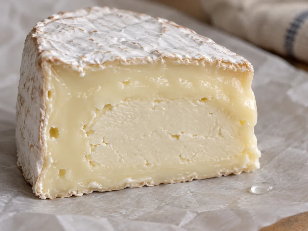 Cut wedge of a bloomy-rind wheel showing a soft outer band and a paler firmer core - Moses Sleeper | KnowTheCheese