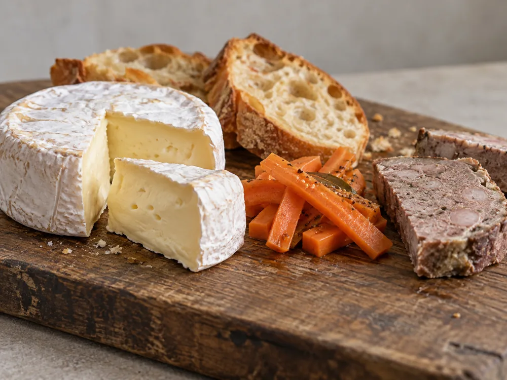 Wedge cut from a white bloomy-rind wheel on a wooden board with baguette slices, pickled carrots and country pâté - Moses Sleeper | KnowTheCheese