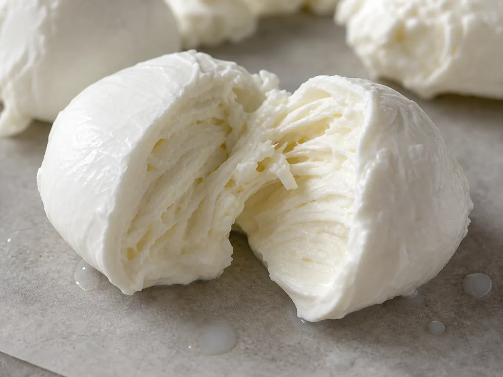 Fresh mozzarella torn open to show layered elastic interior and brine droplets - Mozzarella cheese | KnowTheCheese