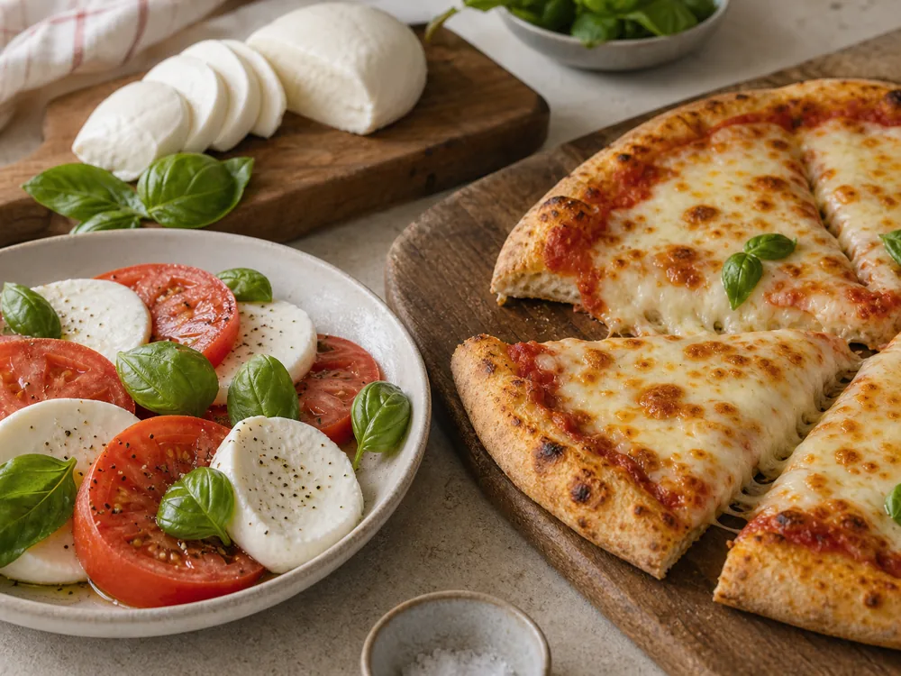 Caprese-style fresh mozzarella beside pizza showing cold and hot mozzarella uses - Mozzarella cheese | KnowTheCheese