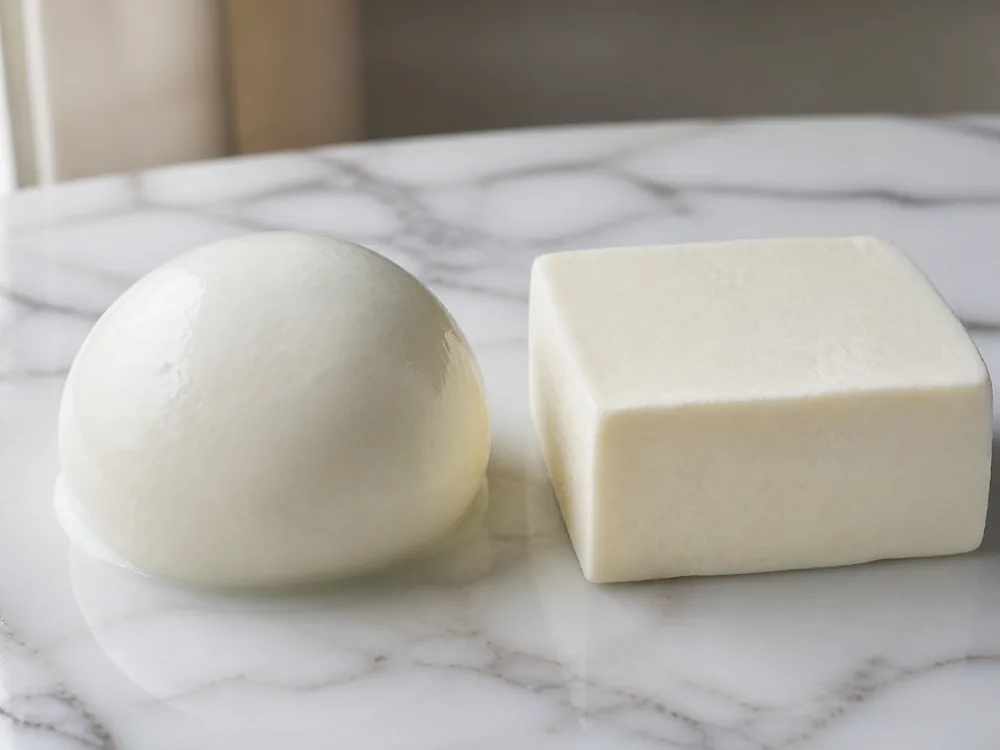 A fresh mozzarella ball sitting in its liquid beside a dry low-moisture block - Mozzarella | KnowTheCheese