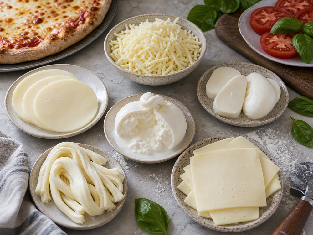 Mozzarella substitute board with provolone-style slices, fresh cheese, burrata-style ball, shredded low-moisture cheese, Oaxaca-style strands, and pizza - Mozzarella substitutes | KnowTheCheese