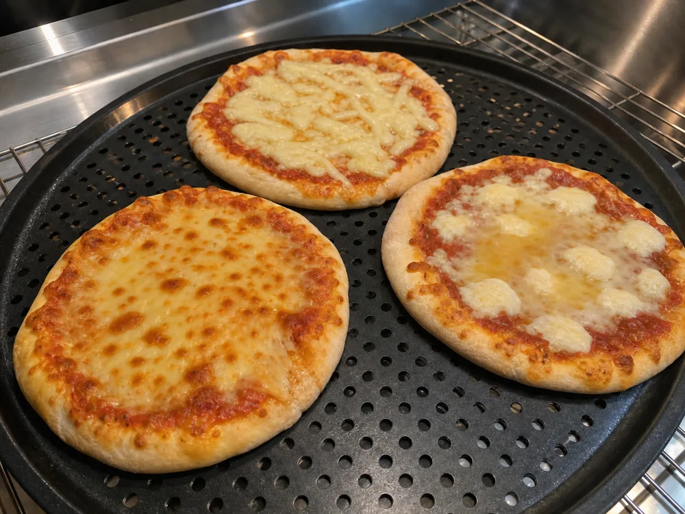 Three pizza tests showing browned provolone, pale Oaxaca-style melt, and a wetter fresh-cheese result - Mozzarella substitutes | KnowTheCheese