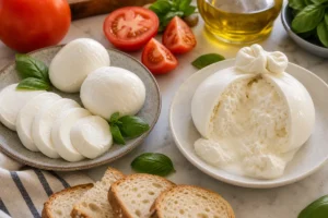 Mozzarella slices and opened burrata with tomatoes and basil.