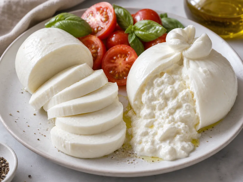 Mozzarella slices beside opened burrata with creamy filling - Mozzarella vs Burrata | KnowTheCheese
