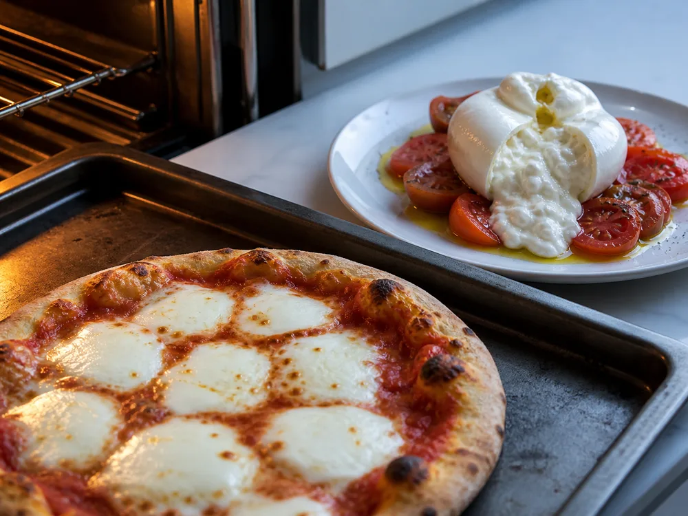 Mozzarella baked on pizza beside burrata opened over tomatoes - Mozzarella vs Burrata | KnowTheCheese