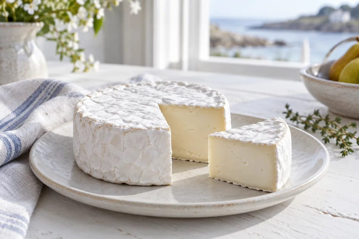 Small white bloomy-rind cheese wheel with one wedge cut away on a pale plate - Mt Tam | KnowTheCheese