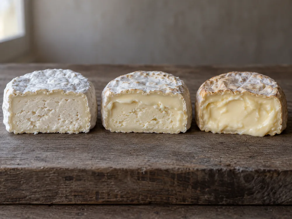 Illustration of three halved bloomy-rind cheese wheels showing a crumbly young paste, a ripe wheel with a creamline and a mature wheel with a soft creamy paste - Mt Tam | KnowTheCheese
