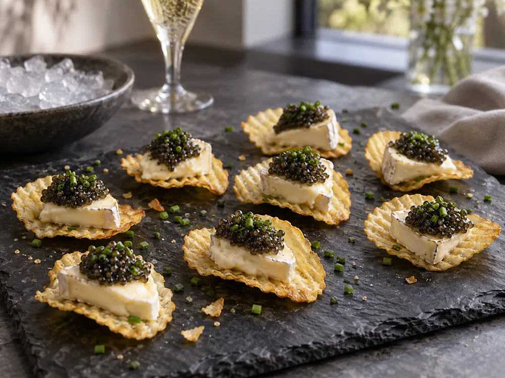 Potato chips each topped with a small wedge of soft white-rinded cheese, dark caviar and chopped chives, with a glass of sparkling wine behind - Mt Tam | KnowTheCheese