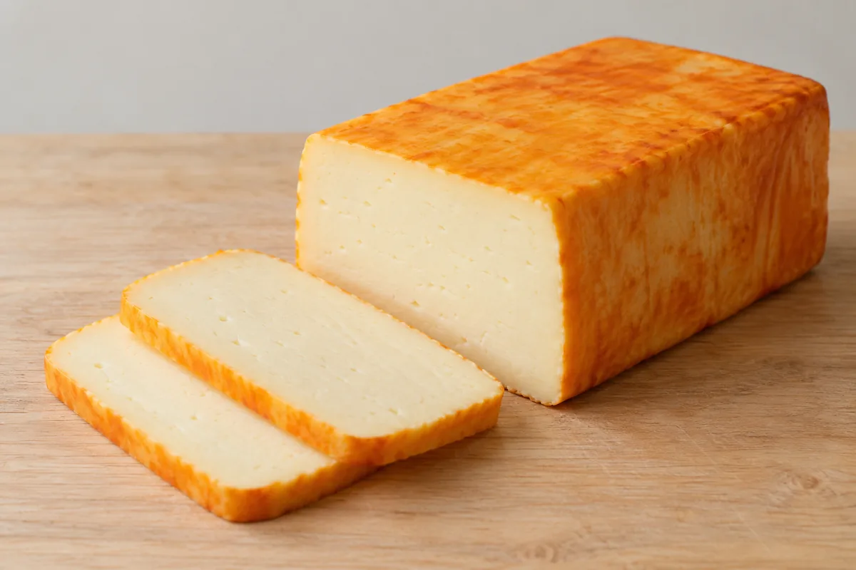 Block of Muenster with an orange outer edge and pale interior, two slices cut from one end - Muenster Cheese | KnowTheCheese