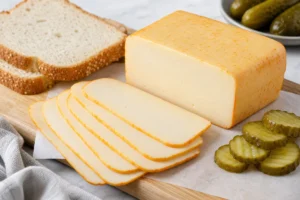 American Muenster block and slices with orange edge - Muenster Cheese | KnowTheCheese
