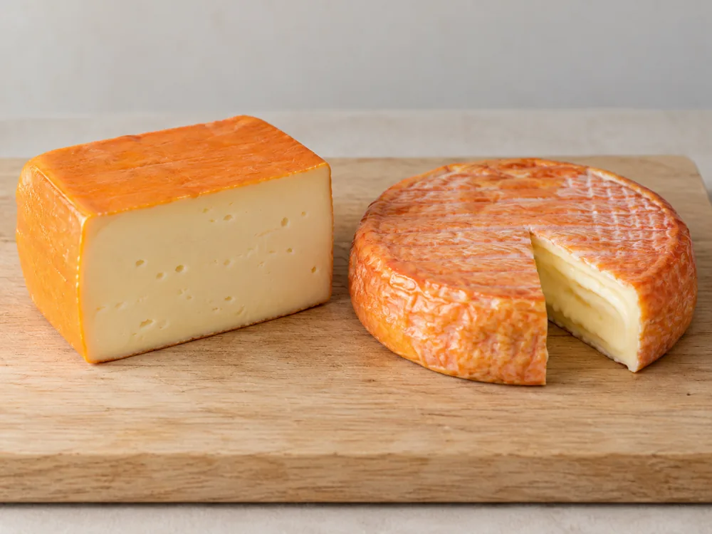 American Muenster with an orange coating beside a French Munster with an orange-red washed rind - Muenster Cheese | KnowTheCheese