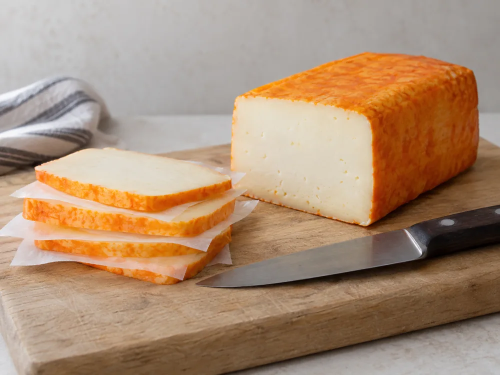 Muenster block with an orange coating and cut slices separated by sheets of waxed paper - Muenster Cheese | KnowTheCheese