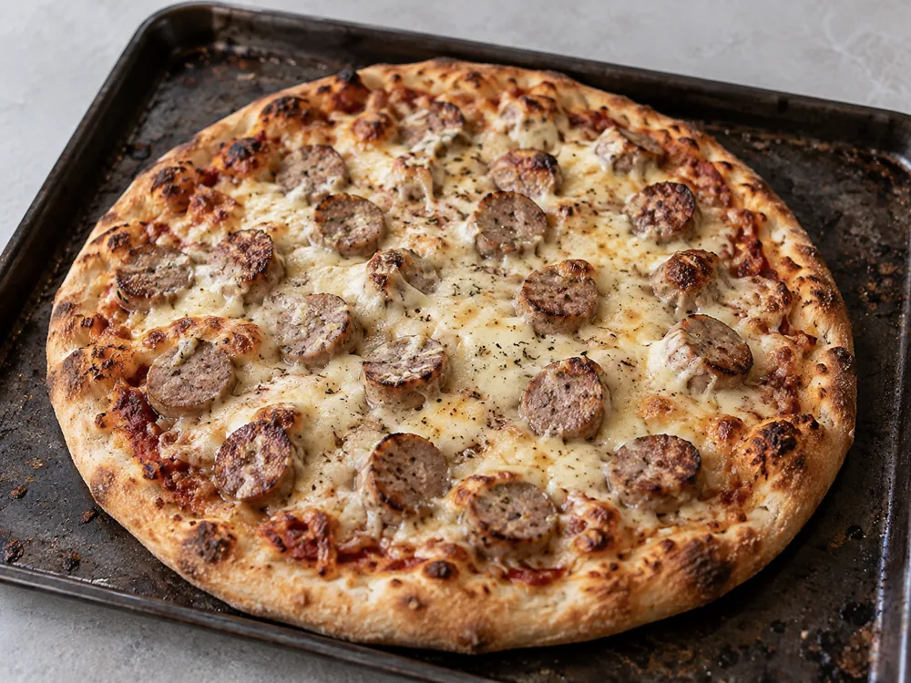 Baked pizza topped with melted pale cheese and sliced bratwurst - Muenster Cheese | KnowTheCheese