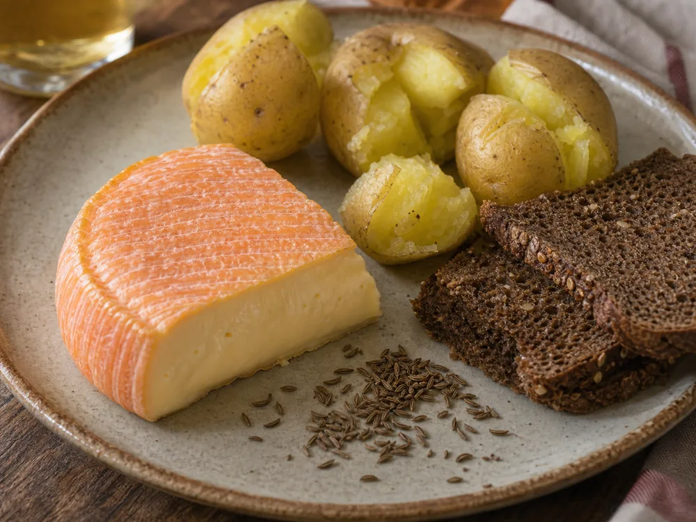 Munster-style wedge served with boiled potatoes, rye bread, and cumin seeds - Munster | KnowTheCheese