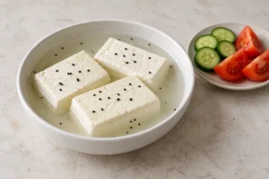 White rectangular Nabulsi blocks with nigella seeds in brine beside cucumber and tomato - Nabulsi | KnowTheCheese