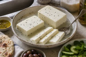 Nabulsi-style white brined cheese blocks with black spice seeds, brine, flatbread, cucumber, olives, and spoon - Nabulsi cheese | KnowTheCheese