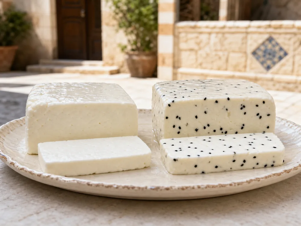 Plain Nabulsi beside a Nabulsi block studded with black nigella seeds