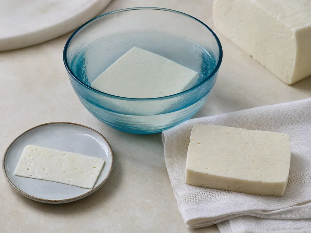 Nabulsi test slice, short soaking bowl, and drained thicker piece
