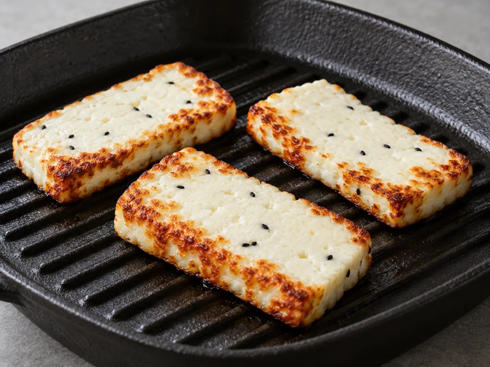 Nabulsi slices with nigella seeds browned to a golden crust in a grill pan - Nabulsi | KnowTheCheese