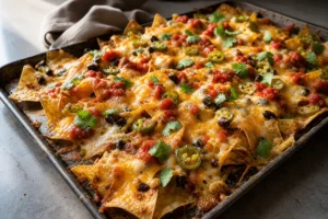 Sheet-pan nachos topped with melted cheddar and Monterey Jack, jalapenos, beans, and salsa