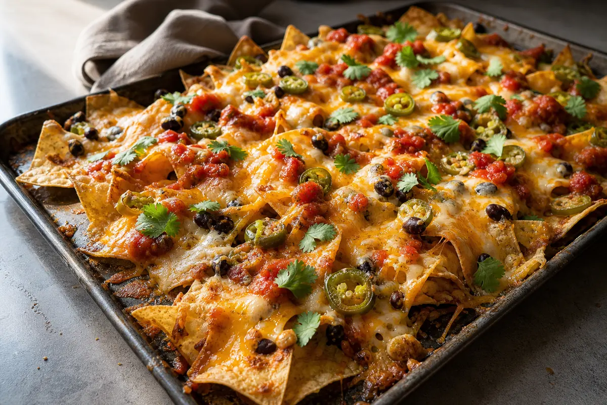 Sheet-pan nachos topped with melted cheddar and Monterey Jack, jalapenos, beans, and salsa